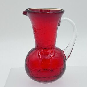 Vintage Ruby‎ Red Crackle Hand Blown Glass Mini Pitcher Vase 4" Clear Handle